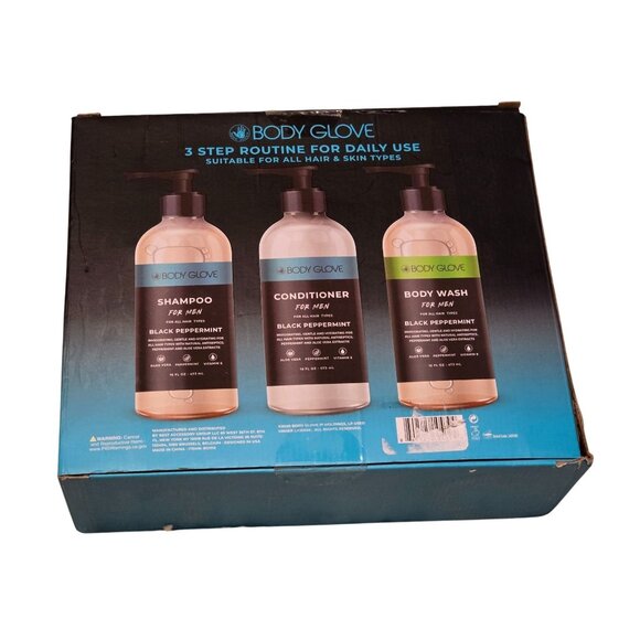 Body Glove Men's Black Peppermint Shampoo Conditioner & Body Wash 3-Step Routine - Picture 2 of 2
